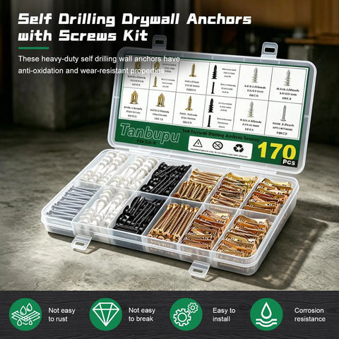 Heavy Duty Drywall Anchors And Screws Kit Delivers Killer Grip With 170 Piece Assortment in black and gold plastic organizer.