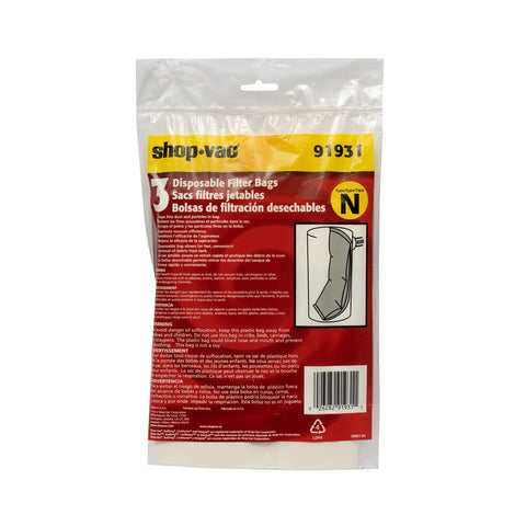 Front view of 3-pack Disposable Filter Bags For 3.5 Gallon Wall Mount And HangUp Vacs Dry Pickup Only Quick Cleanup No Mess Disposal