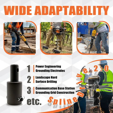 Universal Grounding Drill Adapter With Guide Pin 3/4 Male To 15/16 Female Conversion Fits 2 Stroke Engines Rock Solid Heavy Duty Plug And Play Precision Connector in use on construction site.