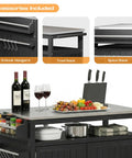 43.3-Inch Outdoor Kitchen Island With Storage Cabinet And Stainless Steel Top, showing accessories like towel and spice rack.