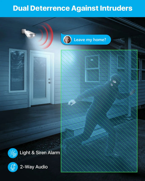 Rock Solid 5MP PoE Outdoor Security Cameras With Slick AI Person And Vehicle Detection Built Hella Tough For Extreme Weather Featuring Quick Ethernet Hookup And Seriously Crisp Video detecting intruder at night with light and siren alarm.