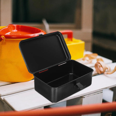 Small Iron Toolbox Featuring A Snug Metal Clasp For Portable Hand Carry Home Projects And Road Trip Trunk Organization open on a workbench.