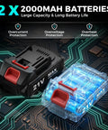 Dual 21V batteries with overcurrent and overvoltage protection, shown on a circuit board background