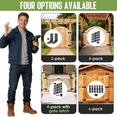 Hardcore 270 Degree Double Layer Butt Hinges For Wood Gates And Fences shown in options: 2-pack, 4-pack, 4-pack with gate latch, 6-pack.