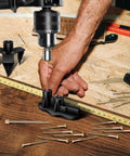 Permanent No More Squeaks Floor Repair Kit With 50 Screws And 5 Tools in use on wooden floor with drill and joist finder.