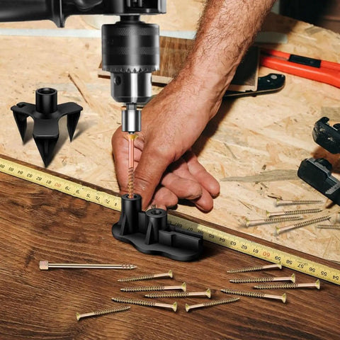 Permanent No More Squeaks Floor Repair Kit With 50 Screws And 5 Tools in use on wooden floor with drill and joist finder.