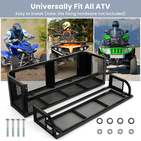 Heavy Duty Rear Cargo Basket For ATV And UTV Detachable Steel Mesh Drop Rack shown with installation hardware, fits all ATV models.