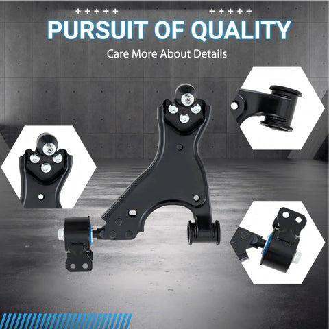 Heavy Duty Suspension Control Arm Kit Bundle With Beefed Up Front And Rear Upper Lower Arms Plus Sway Bar Link And Tie Rod End For Straight Up Drop In Replacement On Buick Enclave Chevy Traverse GMC Acadia showing detailed view of control arm.