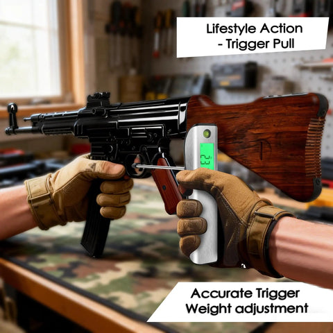 Solid As A Rock Digital Trigger Pull Scale Gauge For Reliable Peak Force Testing With Hella Precise Readings And A Rugged Stainless Steel Body Built For Pro Bench Work in action measuring trigger pull on firearm.