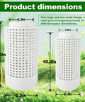 Two Pack Inground Worm Composters For Home Gardens And Raised Beds Worm Farm Bin Kit For Garden Use Reduces Food Waste Easy Lid Access Durable Outdoor Composting System, showing product dimensions of two white perforated compost bins measuring 11.5x6.3 in and 10.2x4.3 in