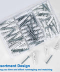 Heavy Duty Self Drilling Drywall Anchors And Screws Kit With 114 Pieces displayed in a clear organizer, featuring anchors and matching screws.