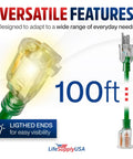 Built Tough For The Daily Grind Heavy Duty 100 Foot Extension Cord with lighted plug ends for visibility.