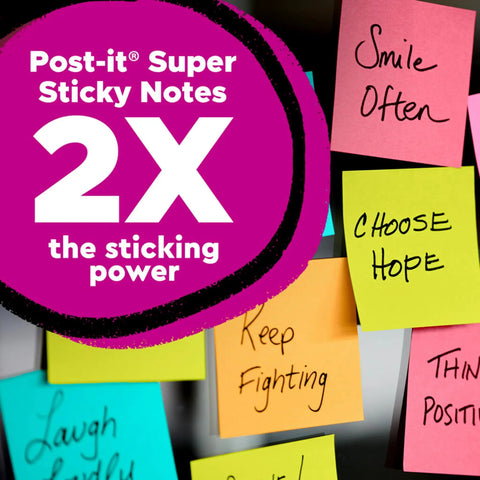 Super Sticky Notes 3 By 3 Inches Supernova Neons 24 Pack with bright colors highlighting 2x adhesion power for effective reminders.