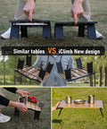 Comparison of similar tables versus Ultralight Compact Mini Beach Picnic Folding Aluminum Table With Carry Bag Nature Finish Flat Surface Durable Hinges Two Size Options S And M For Sand And Picnics, showing different designs in use.