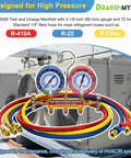Test And Charge Manifold Kit With Three And One Eighth Inch Color Coded Gauge Brass Manifold, Seventy Two Inch Hoses, HVAC Gauges Set