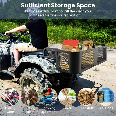 Heavy Duty Rear Cargo Basket For ATV And UTV Detachable Steel Mesh Drop Rack Black Powder Coated Rust Resistant Universal Trail Ready Sling Your Gear No Sweat mounted on ATV with tools and supplies.