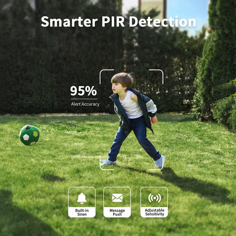 Child in a garden monitored by 2K Solar Security Cameras Outdoor Wireless 2 Pack With 360 Degree Pan Tilt, Color Night Vision, Easy Install, PIR Motion Alarm.