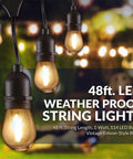 Outdoor LED String Lights With Weatherproof Design, Dimmable With Wireless Remote Control, 48 Ft Total Length, Black Finish