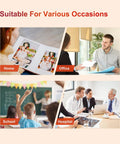 Collage showing a photo book at home, meeting in an office, classroom session, and hospital meeting, labeled for various occasions.
