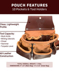 Pro 3 Pouch Tool Bag With Double Outer Pockets And 10 Tool Holders, leather construction, lightweight for tools