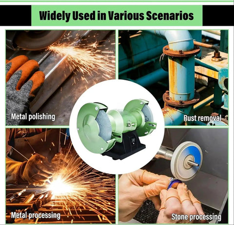Compact Dual Wheel Bench Grinder With Electric Knife Sharpening Station And Safe Eye Shields For Slick DIY Projects Tough Metal Shaping and No Sweat Precision Finishing used in metal polishing and rust removal.