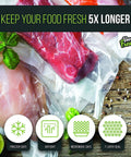 Straight Up Heavy Duty Vacuum Sealer Rolls Fifteen Inches Wide By Fifty Feet Long Three Half Mil Thickness Two Pack shown with food in airtight bags.
