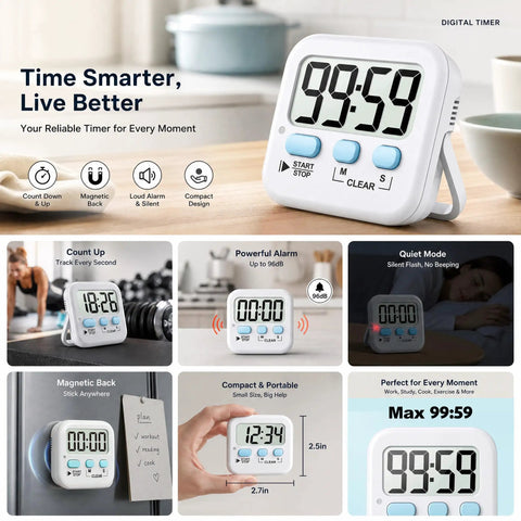 Top Shelf Two Pack Digital Timer With Built In Memory Dead Reliable For Kitchen Cooking Classroom Tasks And Quick Meal Prep Drop In And Play Design Comes Fully Loaded With Batteries Ready To Roll display showing 99:59 timer, compact size, magnetic back, and simple buttons.