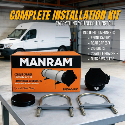6 Inch Diameter PVC Conduit Carrier Kit Black With Mounting Hardware for secure transport, parts displayed on a table