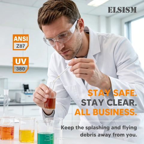 24 Pack Safety Glasses Bulk Haul Featuring Clear Polycarbonate Lenses And Rugged Wraparound Impact Shield Built For Every Shift Job Site And Workshop Eye Defense worn by a man in a lab.