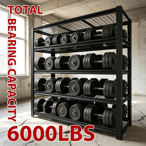 Heavy Duty Metal Garage Shelving Rack With Fully Adjustable Shelf Heights Built Like A Tank To Move Heavy Equipment And Shop Tools, loaded with dumbbells.