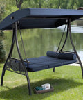 Three Seat Outdoor Porch Swing With Upgraded One And A Half Inch Cup Holder Comfy Adjustable Canopy And Backrest Cushions Weatherproof Steel Frame For Garden Deck Or Poolside Blue