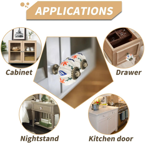 Swanky Vintage Pumpkin Drawer Knobs on cabinet, drawer, nightstand, and kitchen door showcasing hand-painted design.