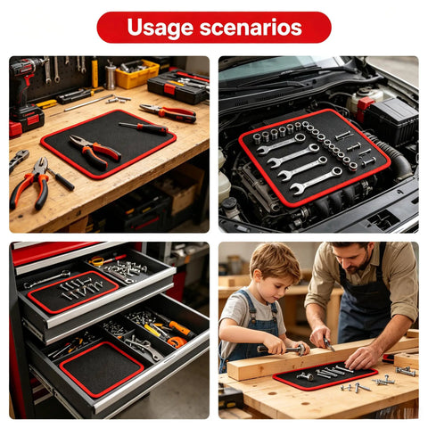 Three Piece Flexible Magnetic Tool Mat Set For Mechanics And DIYers In Car Repair Heavy Duty Magnetic Trays That Hold Screws Nuts Bolts And Small Metal Parts Non Slip Workbench Mats In Small Medium And Large Sizes on bench, engine bay, drawer, and woodworking use