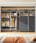 Straight Up Heavy Duty Rolling Clothes Rack With Removable Dust Cover Portable Closet Featuring Four Hanging Zones Adjustable Shelf And Smooth Gliding Wheels For Zero Hassle Storage, showcasing clothes and accessories organized in a compact space.