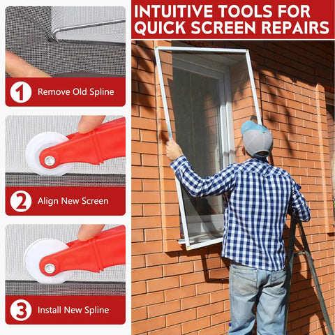Instructional use of Dual Head Window Screen Roller Tool Set With Spline Removal Hook For Easy Screen Installation And Repair On Windows Doors Patios And RV Screens Durable DIY Friendly Spline Tool Kit For Quick Fixes.