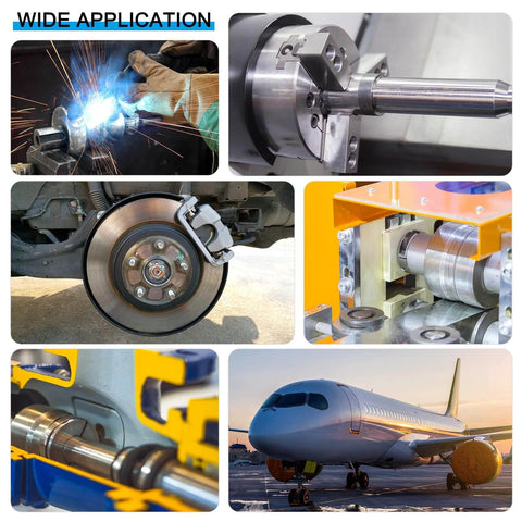 Collage of various applications including welding, machine tool shaft, brake disc, conveyor machinery, and airplane