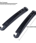 Close-up of two black tire levers of Sixteen In One Bike Repair Tool Kit With Tire Levers Emergency Patch Kit Mini Pump And Nylon Frame Mount Bracket Compact Nine Point Two Inch Size Dog Bone Shaped Handle For On The Go Maintenance