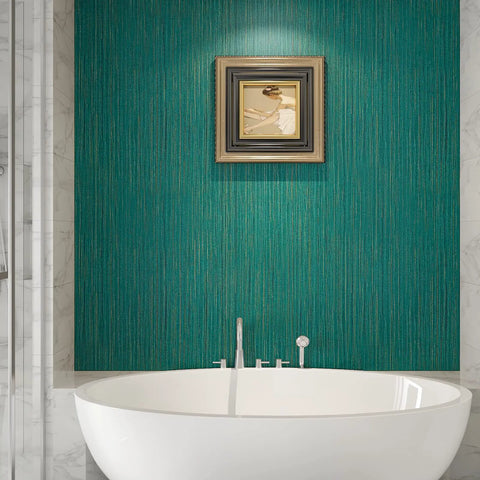 Teal Green Grasscloth Peel And Stick Wallpaper For Walls Self Adhesive Textured Linen Vinyl Covering Waterproof Faux Grasscloth for home decor in bathroom setting.
