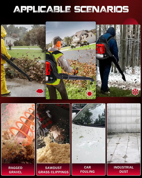 Image showing a Beast Gas Backpack Leaf Blower With 665 CFM And 205 MPH used for landscaping, snow removal, and yard work.