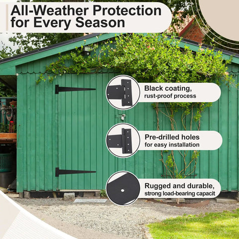 Two Pack Oversized 26 And A Quarter Inch Heavy Duty Black T Shaped Door Hinges With Screws Rustic Flush Mount on green shed