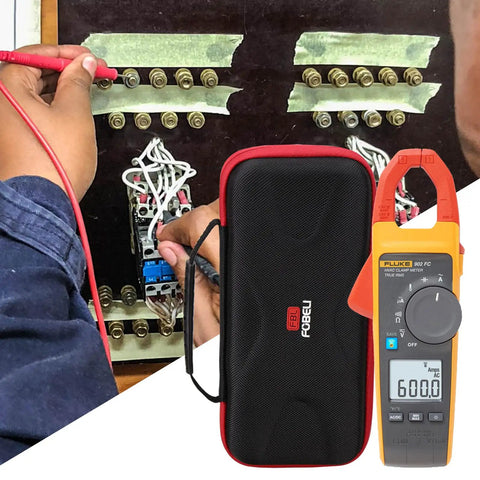 Heavy Duty Eva Carrying Case For Fluke 323 324 325 301D 302 303 305 902 FC Clamp Meter Multimeter shown next to testing setup.