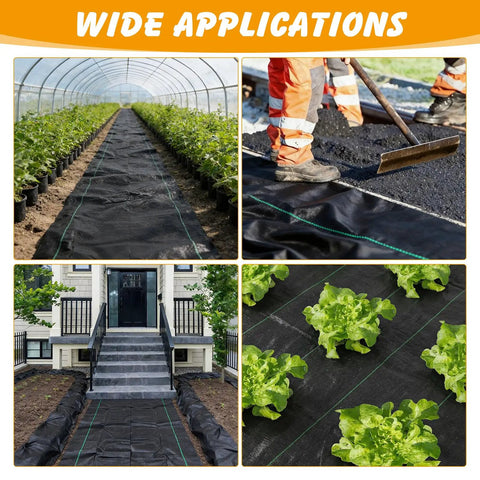 Collage showing Weed Barrier Landscape Fabric 4 Foot By 100 Foot Woven Ground Cover used in gardening and landscaping applications.