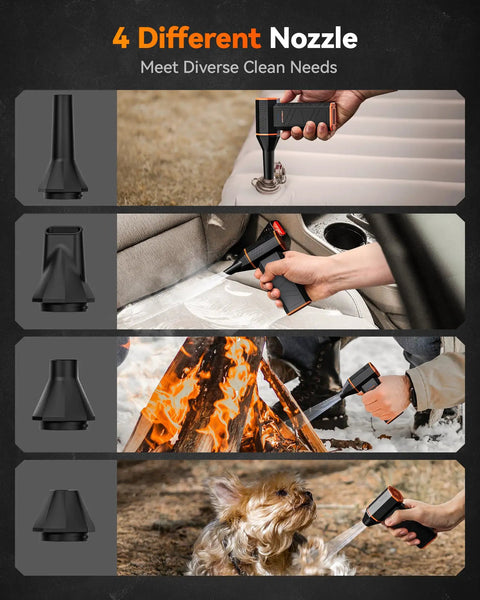 MegaFlow 50 Compressed Air Duster with 110000 RPM Turbo Power showing four nozzles used for cleaning car seats, camping gear, and pet fur.