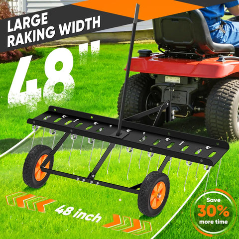 48 Inch Tow Behind Dethatcher With 20 Spring Steel Tines And Two Independent Rows Of Flexing Tines For Fast Yard Grooming, Lawn Sweeper And Garden Aerator Attachment For Riding Mowers, Adjustable Hitch