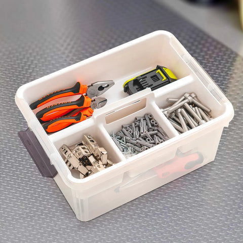 Top view of 17 Quart Clear Plastic Storage Bins With Four Compartment Removable Tray, containing tools and parts, in bright orange.