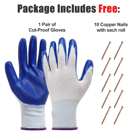 Pro Grade Copper Flashing Roll 99.95 Percent Pure 16 Oz 24 Gauge 0.5mm Thick Four Inch Wide by Ten Feet Long for Roofing and DIY Projects Includes Cut Proof Gloves and Ten Copper Nails RoHS Compliant gloves and nails package