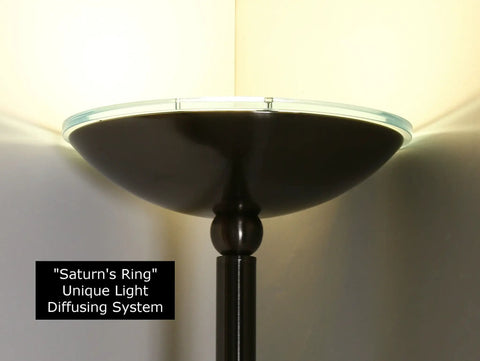 Top view of Saturn Ring Ocean Blue Diffusion LED Torchiere Floor Lamp With Reading Light highlighting the unique light diffusing system