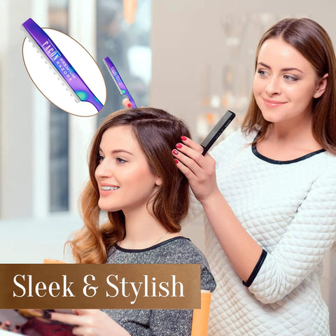 Professional Hair Cutting Razor Kit With Stainless Steel Feather Styling Blade And 11 Replacement Inserts For Pro Thinning Texturizing and Precision Cuts For Salons And Home Use Featuring Secure Grip And Keen Edge Design To Help You Slay Crisp Fades, used by stylist on client.