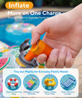 Hand using Ultra Mini Portable Air Pump For Pool Floats And Air Mattress Wireless Inflator And Deflator by a pool.