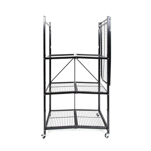 Straight Up Heavy Duty 4 Tier Foldable Steel Storage Rack In Black with open wire mesh design and wheels for easy mobility.
